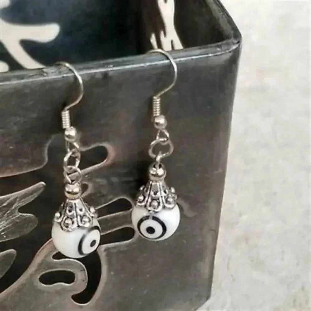 Handmade Evil Eye White Lampwork Glass Beads Protective Talisman Drop Earrings